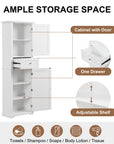 Norrin 67.3 inch white tall narrow bathroom storage cabinet with ample storage space.
