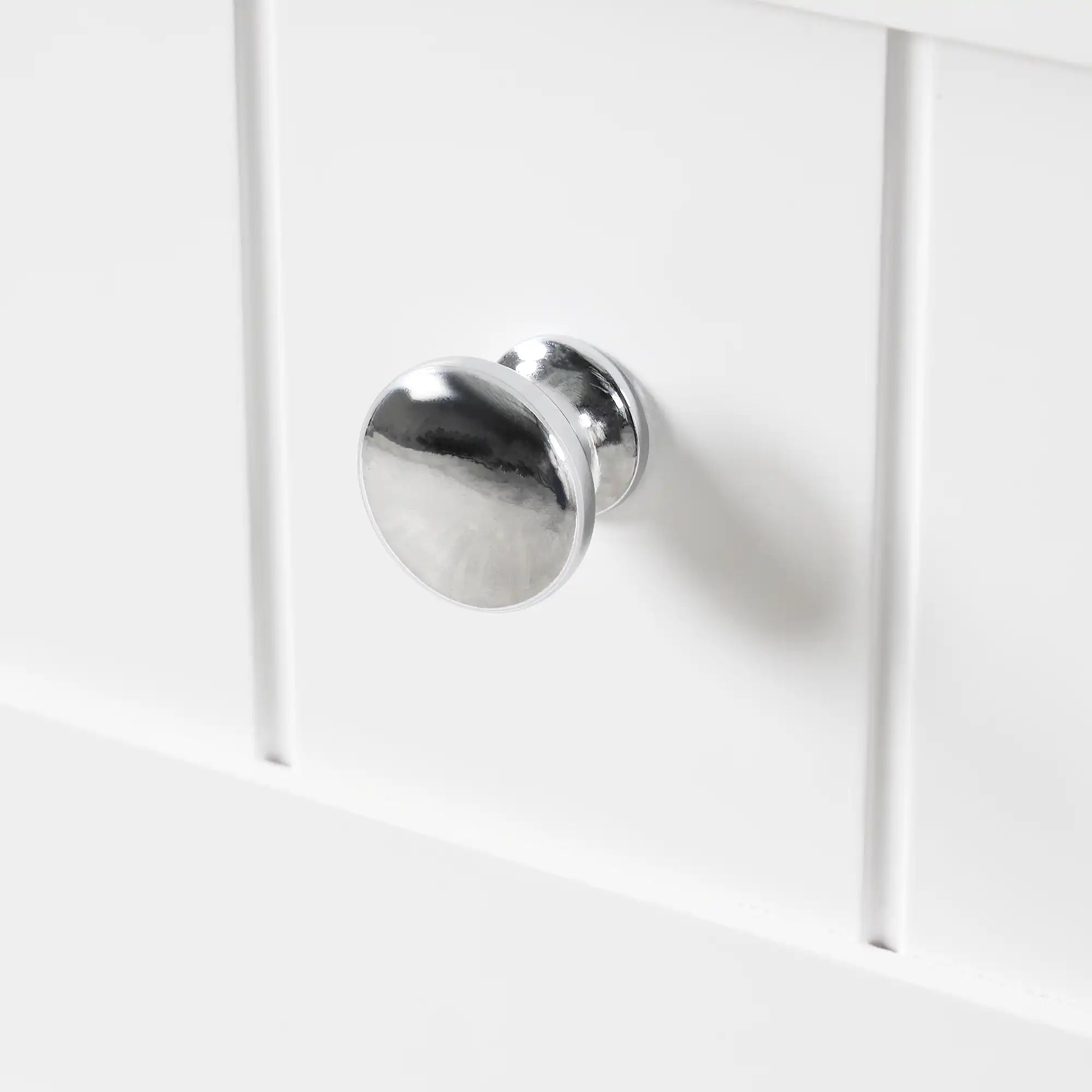 Metal door handle close-up on Norrin 67.3 inch white tall narrow bathroom storage cabinet.