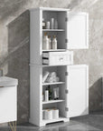 Norrin 67.3 inch white tall narrow bathroom storage cabinet with open doors, shelves and drawer showing towels, toiletries and storage in modern bathroom