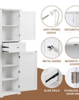 Detail view of Norrin 67.3 inch white bathroom storage cabinet showing high quality hardware.