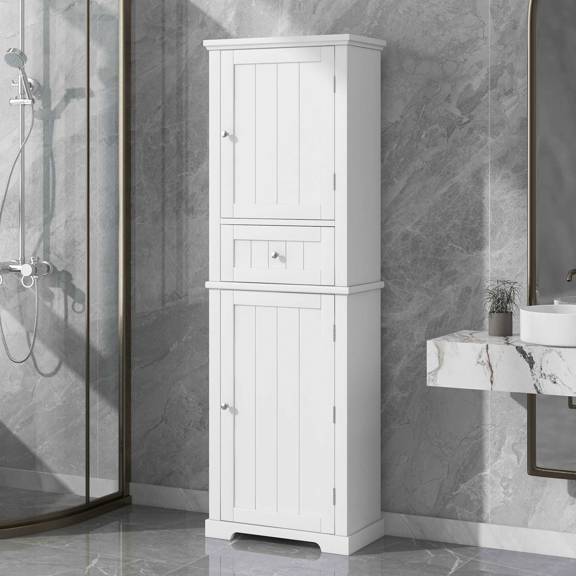 Norrin 67.3 inch white tall narrow bathroom storage cabinet in a modern bathroom.