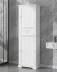 Norrin 67.3 inch white tall narrow bathroom storage cabinet in a modern bathroom.