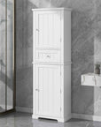 Norrin 67.3 inch white tall narrow bathroom storage cabinet in a modern bathroom.
