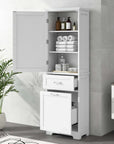 White Valmor 68.1" Tall Bathroom Storage Cabinet with two drawers and three open shelves.