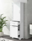 White Valmor Linen Cabinet with two pull-out drawers and storage compartments in modern bathroom.