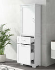 White Valmor Linen Cabinet with two pull-out drawers and storage compartments in modern bathroom.