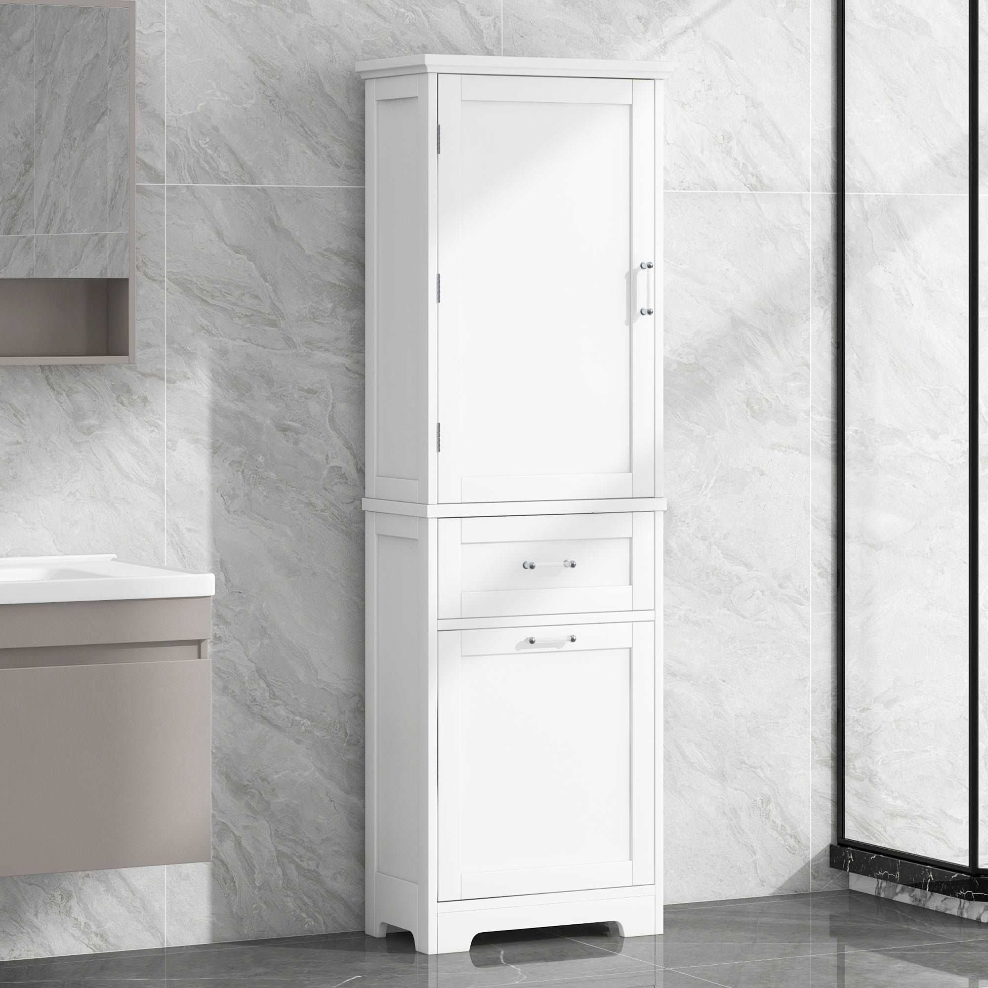 White Valmor 68.1" Bathroom Linen Cabinet placed in modern bathroom interior with sink and marble wall.