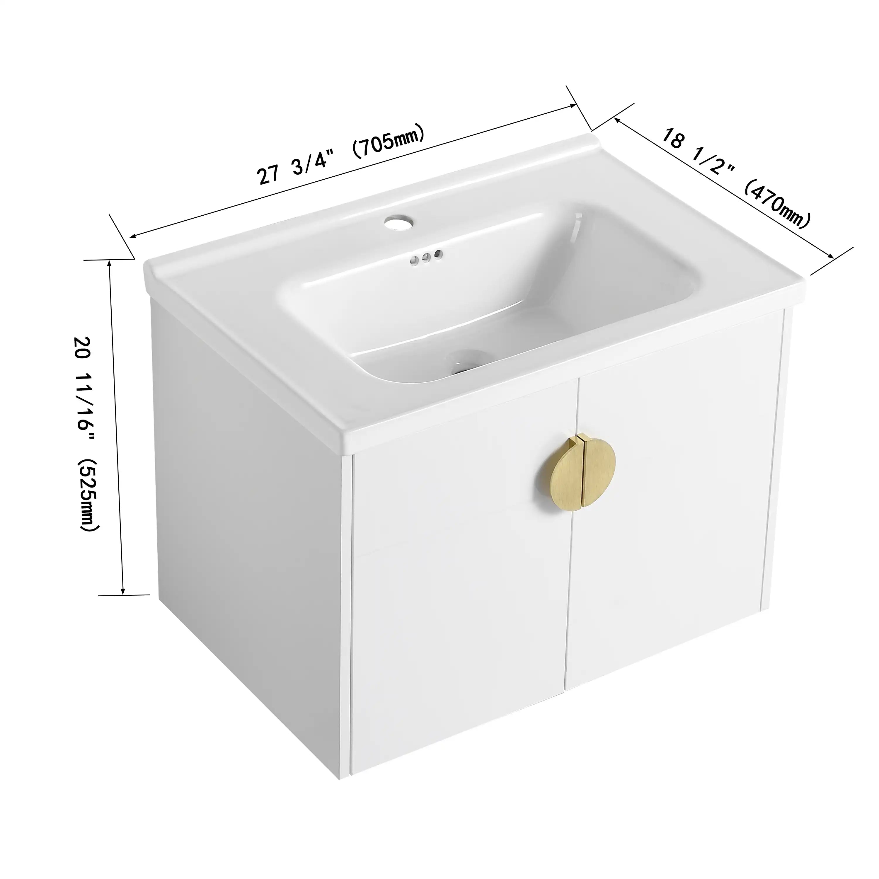 24” or 28” White Wall-Mounted Bathroom Vanity with Soft Close Doors & Ceramic Sink