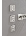 Wall-mounted installation of Cascade three square body jets in brushed nickel.