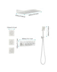 Complete Cascade 3-way shower system with detailed dimensions and component layout.
