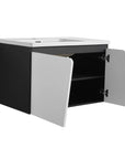 32" wide bathroom vanity with sink and open soft-close cabinet doors, angled front view | Ace Decor