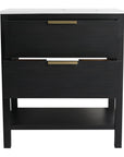 30" black vanity bathroom front view with two drawers and open bottom shelf | Ace Decor
