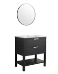 30" black vanity bathroom with white integrated sink and round mirror set | Ace Decor