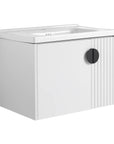 Side view of 28 inch single floating vanity in white with fluted panel and matte black handle | Ace Decor