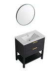Angled view of 30" black vanity bathroom with white sink and open shelf | Ace Decor