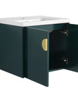 Green bathroom vanity with sink, 24 inch cabinet with doors open showing interior storage and integrated sink underside | Ace Decor