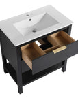 30" black vanity bathroom with pull-out drawer storage and white sink top | Ace Decor