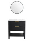 Front view of 30" black vanity bathroom with white sink and storage drawers | Ace Decor