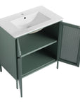 Angled open-door view of 30" mint green 30 inch bathroom vanity with legs showing interior storage | Ace Decor