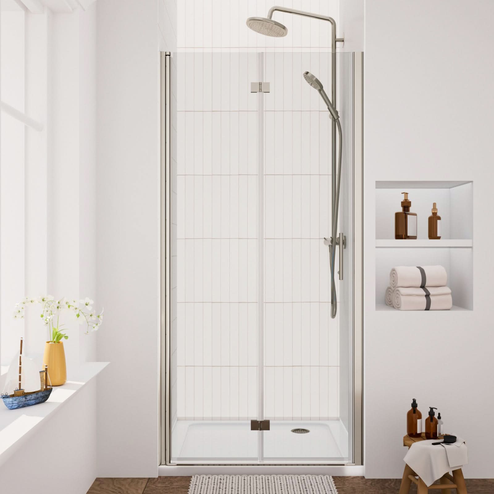 chrome frameless bi-fold shower glass door