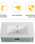 Feature graphic of 30" mint green 30 inch bathroom vanity with legs highlighting ceramic sink and easy installation | Ace Decor