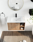 30" floating wood bathroom vanity with sink front view in contemporary bathroom with mirror and decor | Ace Decor