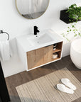 30" wall-mounted wood bathroom vanity with sink in modern bathroom setting with open shelf storage | Ace Decor