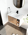 30" wall-mounted wood bathroom vanity with sink styled in modern bathroom with open shelving storage | Ace Decor