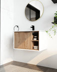 30" floating wood bathroom vanity with sink styled in contemporary bathroom with mirror and decor | Ace Decor