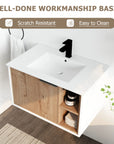 30" wood bathroom vanity with sink showing ceramic basin with scratch-resistant and easy-to-clean surface | Ace Decor
