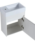 18" white bathroom sink with vanity with open door revealing interior storage space | Ace Decor