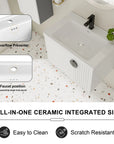 28 inch single floating vanity featuring integrated ceramic sink with overflow and single-hole faucet support | Ace Decor