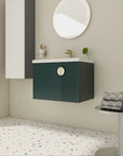 28 inch floating vanity small bathroom installed with round mirror and compact modern layout | Ace Decor