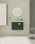 Front view of 28 inch floating vanity small bathroom with emerald green cabinet and minimalist wall-mounted style | Ace Decor