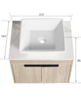 Top view with dimensions of 24" small vessel sink vanity and square ceramic basin | Ace Decor