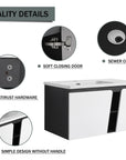 36" wall mounted vanity with sink quality details graphic with soft-close door features | Ace Decor