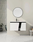 36" wall mounted vanity with sink in modern bathroom, full room view | Ace Decor