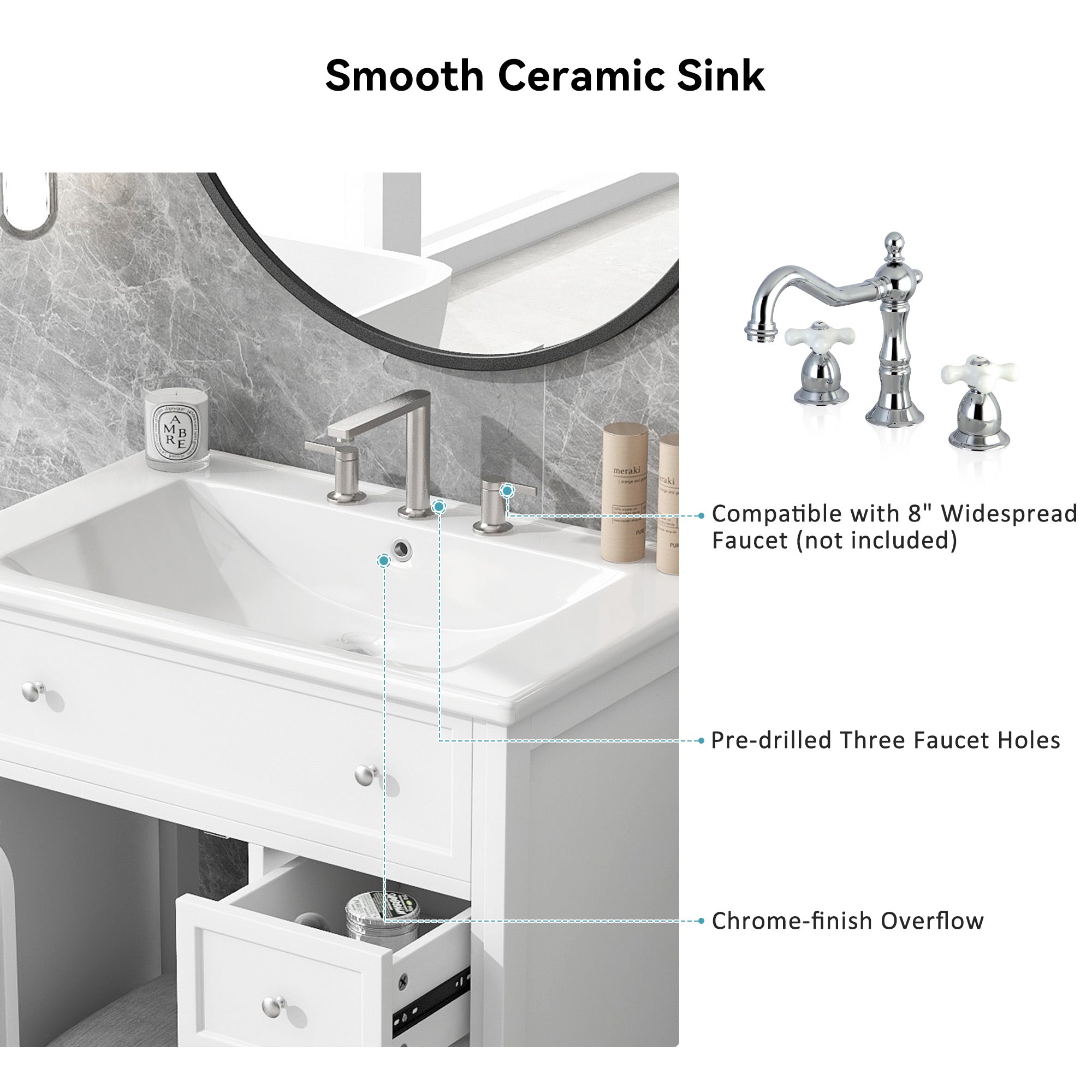 30" White Bathroom Vanity Cabinet with Ceramic Sink, 3 Drawers & Open Shelf