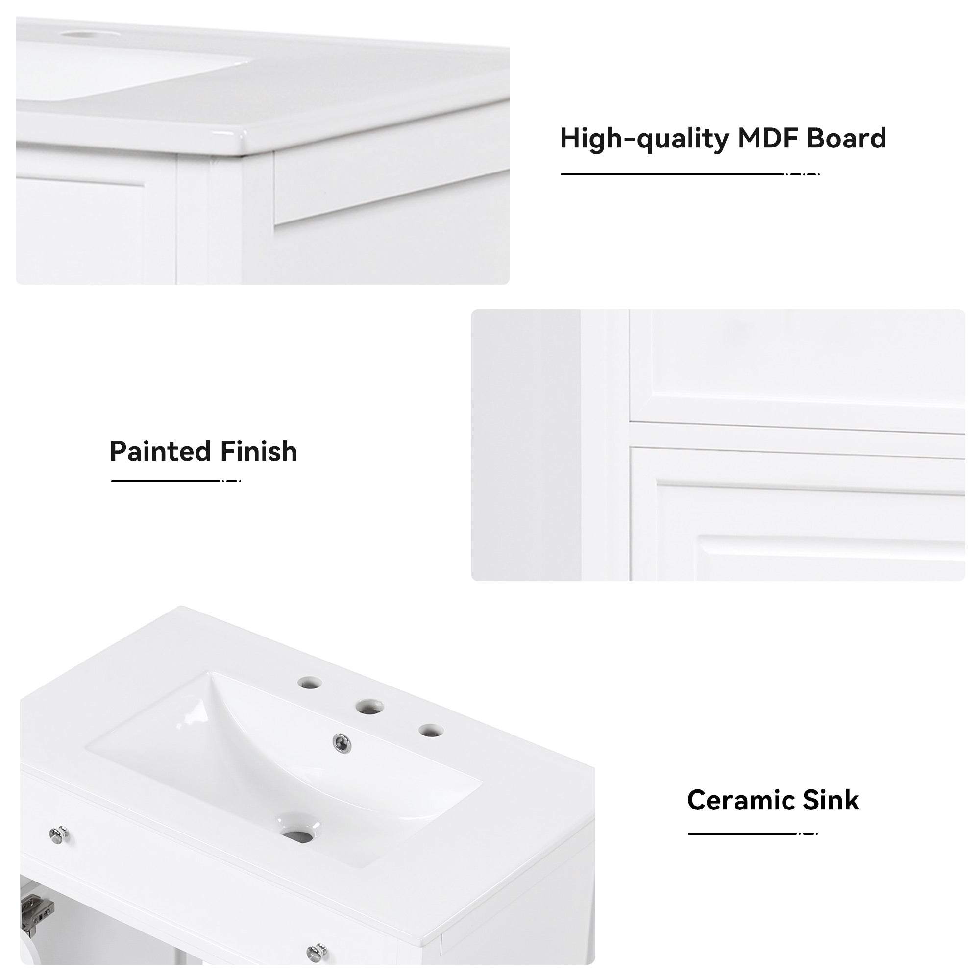 30" White Bathroom Vanity Cabinet with Ceramic Sink, 3 Drawers & Open Shelf