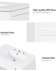 30" White Bathroom Vanity Cabinet with Ceramic Sink, 3 Drawers & Open Shelf