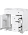 30" White Bathroom Vanity Cabinet with Ceramic Sink, 3 Drawers & Open Shelf