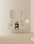 60 inch floating vanity with double sinks, white finish and wall-mounted modern design | Ace Decor