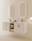 60 inch floating vanity in white with double sinks, open center shelf, and wall-mounted design | Ace Decor