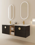 60 inch bathroom combo vanities in black finish with integrated sinks and modern floating installation | Ace Decor
