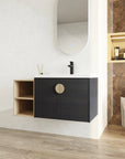 40 inch bathroom vanity for powder room featuring wall-mounted black vanity with integrated sink and open shelving | Ace Decor