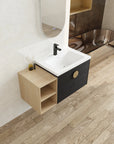 40 inch bathroom vanity for powder room showing floating installation with open wood shelf and black vanity base | Ace Decor