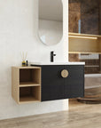 40 inch bathroom vanity for powder room with floating black cabinet and side open shelf in modern bathroom setting | Ace Decor