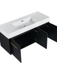 47 inch bathroom vanity with thick resin sink and open cabinet doors in black chestnut finish | Ace Decor
