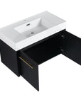 36 inch wall mounted bathroom vanity with open cabinet doors showing interior space | Ace Decor