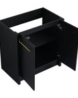 30" freestanding single bathroom vanity base angled view with open door showing interal storage space.
